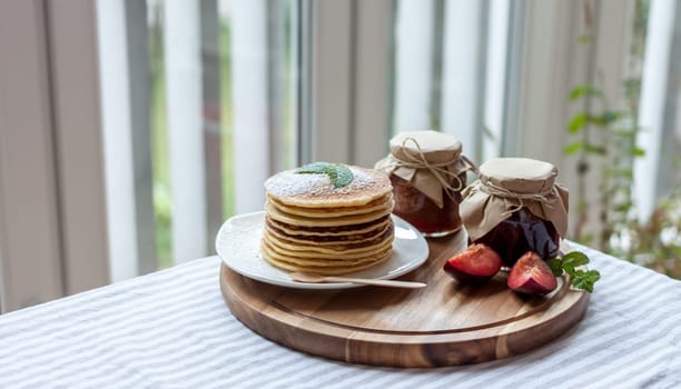 pancakes with plum jam delicious american breakfast