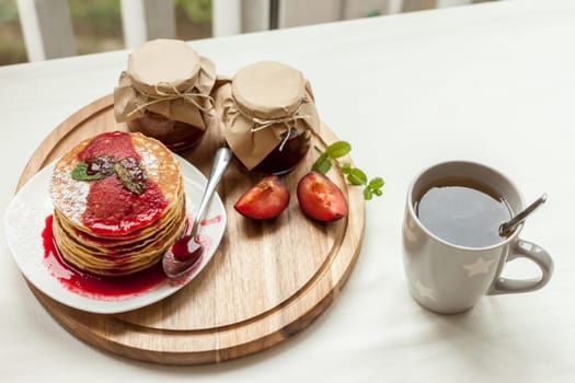 pancakes with plum jam delicious american breakfast