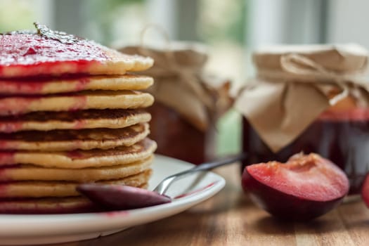 pancakes with plum jam delicious american breakfast