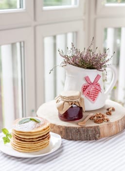 pancakes with plum jam delicious american breakfast
