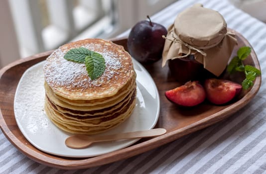 pancakes with plum jam delicious american breakfast