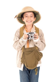 Young boy with a camera playing Safari isolated in white