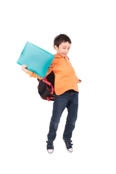 Young boy student jumping isolated in white