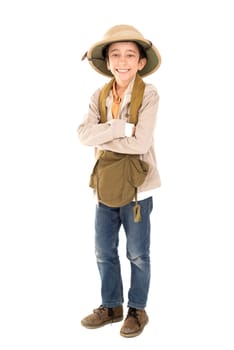 Young boy playing Safari isolated in white
