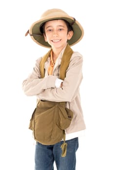 Young boy playing Safari isolated in white