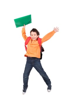 Young boy student jumping isolated in white
