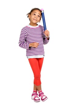 Young girl posing with a big pencil thinking, isolated in white