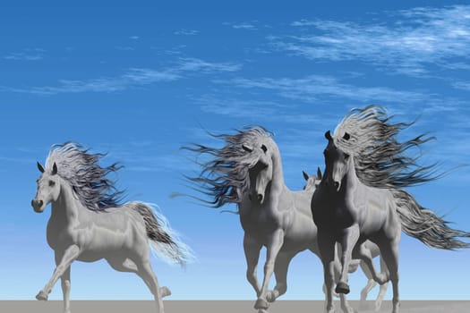 A herd of four white horses gallop together on an open flat desert environment.