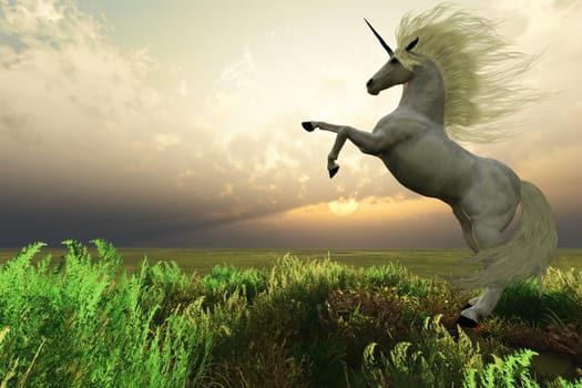 A beautiful white Unicorn Stag rears up showing strength and power.