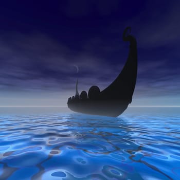 A Viking boat sails during the night of a full moon on calm ocean waters.