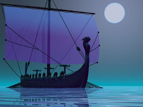 A Viking boat sails during the night of a full moon on calm ocean waters.