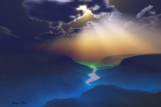 Sunbeams stream down on a valley river as it weaves its way through a mountain range.