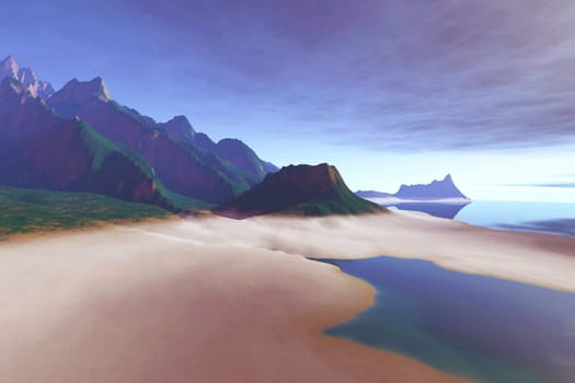Steep mountains meet the sea on the coastline of this island.