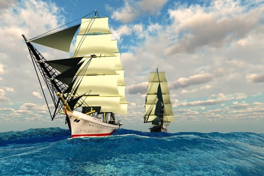 Two tall ships sail on the high seas on a bright day.