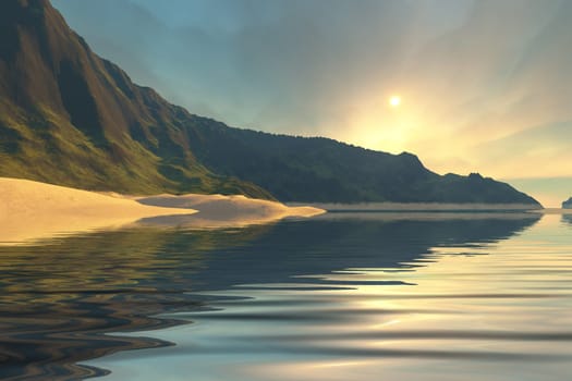 Colorful clouds rise over coastal mountains meeting calm ocean waters.