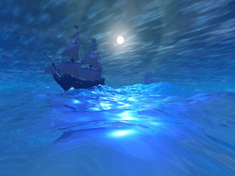 Two galleon warships sail on the high seas during the night heading to a far port.