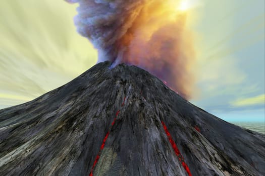 Smoke roils out of a volcano vent as a mountain starts to erupt.