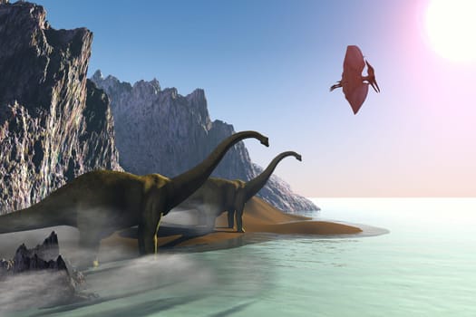 A Ptersaur flys over two Diplodocus dinosaurs on a misty morning.