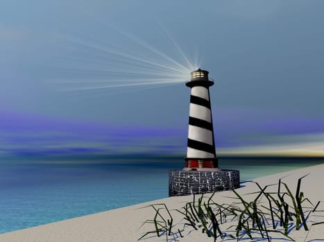 A lighthouse sends its beacon light out to warn passing ships.
