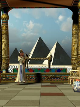 An Egyptian queen stands in front of three great pyramids in ancient Egypt.