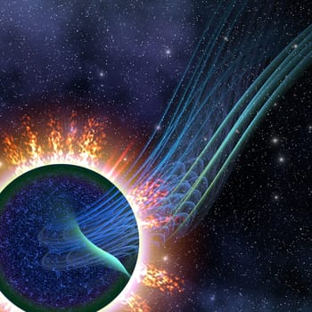 Rays of power emissions flare out from a huge Neutron Star.