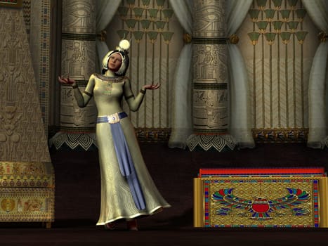 An Egyptian queen dances in her elaborate palace chambers.