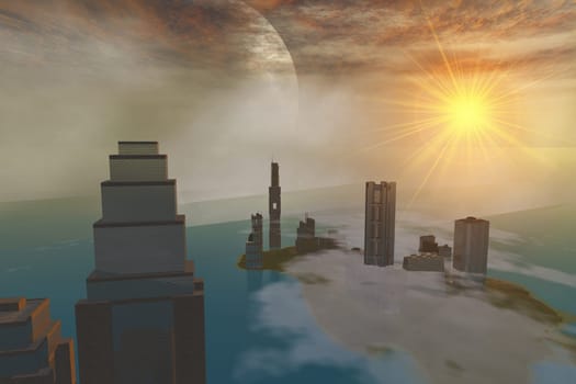 Skyscrapers rise in an urban city situated by an ocean harbor on a far off planet.
