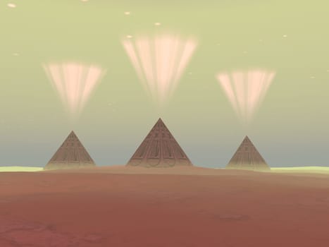 Rays of light shine from the pyramids in ancient Egyptian civilization.