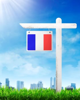 France flag on wood post banner texture