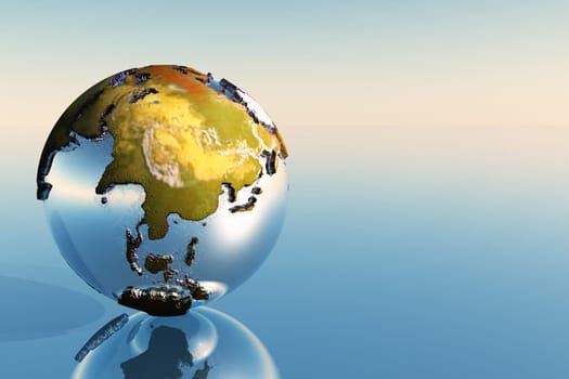 A globe showing the continents of India, Asia, Japan, China, Korea and some Arab States.