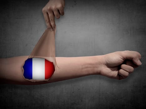 Man open his skin and show france flag inside. Patriot conceptual