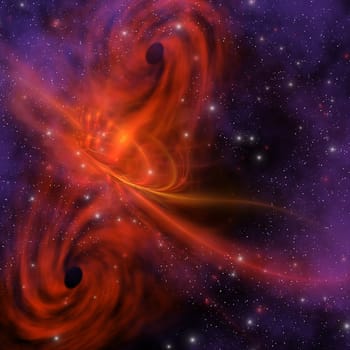 A fierce tornado in space between galaxies churns with pulsing plasma fields.