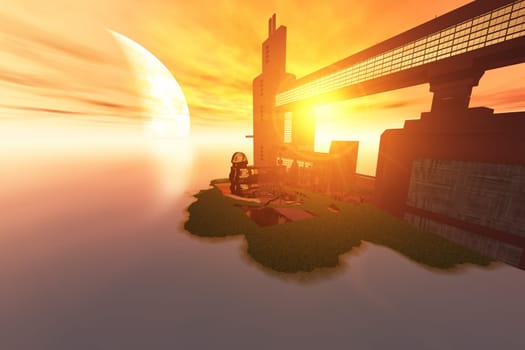 A colony from Earth has built modern structures on an alien planet.