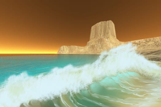 A golden dawn breaks over a seashore and coastal mountain.