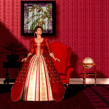 A Victorian lady is dressed in an ornate red ballgown surrounded by red furnishings.