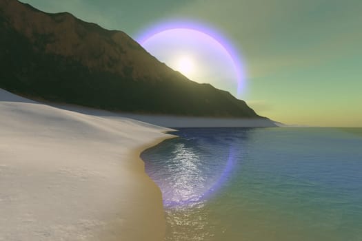 A halo effect surrounds the sun as it rises on an ocean seashore.