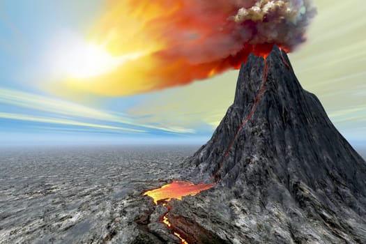 A volcano erupts with fire, smoke and red lava flowing into pools.