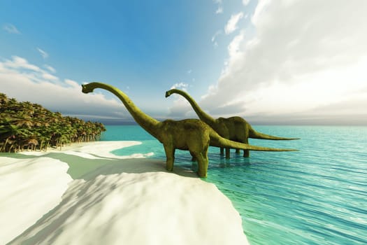 Two Diplodocus dinosaurs wade through shallow water to get to trees on an off coast island.