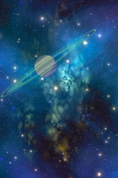 A ringed planet is near a vast blue nebula in the cosmos.