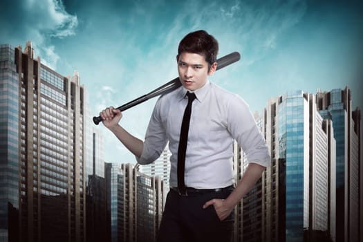 Asian man in white shirt and tie holding baseball bat