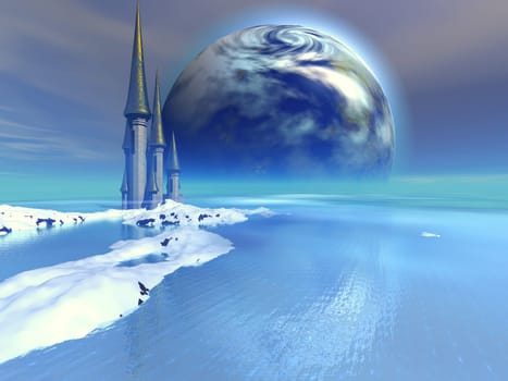 The moon is terraformed and colonists have built a castle on a waterway.