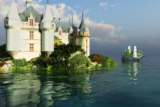 A tall ship passes a beautiful castle sitting on the coastline.