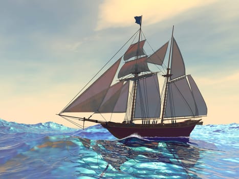 A ketch sails on its maiden voyage on the high seas on a bright day.