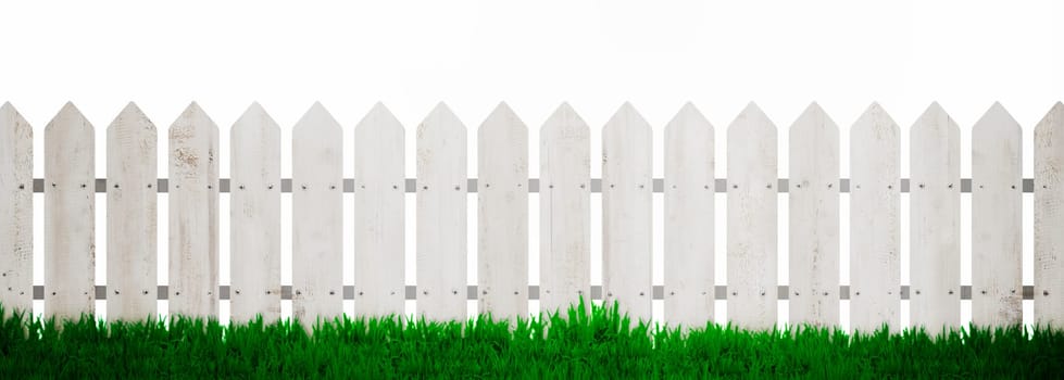 Fence background with green grass isolated over white background