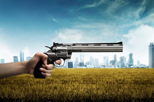 Man hand holding gun, aiming to the green grass