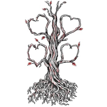 Tattoo style illustration of a Twisted Oak Tree without leaves and Branch forming into Heart and roots done in hand sketch drawing Tattoo..