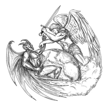 Tattoo style illustration of Saint Michael the Archangel Angel Fighting with a Demon over Earth World done in hand drawn sketch Tattoo style..