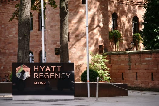 Mainz,Germany - August 21,2017: The entrance sign of the Hyatt Regency hotel in front of the historic Fort Malakoff building on August 21,2017 in Mainz.