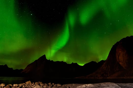 A beautiful green Aurora borealis or northern lights, Norway, selective focus