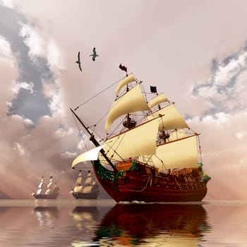 Three galleons sail on the high seas to their port of destination.